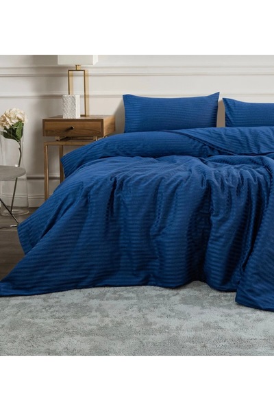 calinahome Double Striped Cotton-Satin Navy Blue Hotel Duvet Cover Set