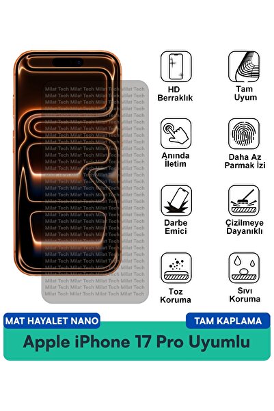 Milat Tech فيلم حماية الشاشة Apple iPhone 17 Pro Mat Hayalet Nano مقاوم للبقع...