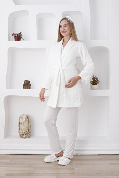 Lohussa Ecru Jacquard Shawl Collar Special Design Winter Long Sleeve 100% Cotton Maternity Dressing Gown Pajama Set 3-Piece Set