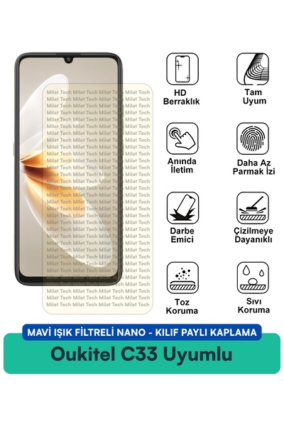 Milat Tech فلتر الضوء الأزرق Oukitel C33، غطاء نانو متوافق مع طبقة حماية الشا...