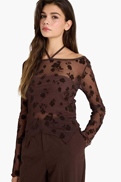 DeFacto Μπλούζα με μακρυμάνικο τούλι με μοτίβο με λαιμόκοψη G5727AX25WN