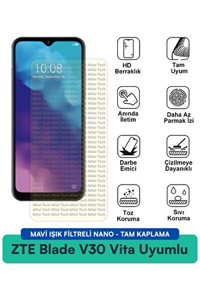 Milat Tech ZTE Blade V30 Vita Mavi Işık Filtreli Nano Ekran Koruma Filmi Çizi...