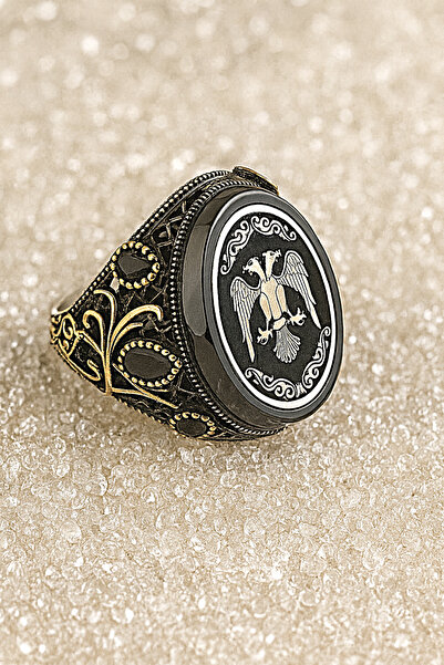 Siset Gümüş 925 Ayar Motifli Çift Başlı Selçuklu Kartalı Erkek Gümüş Yüzük