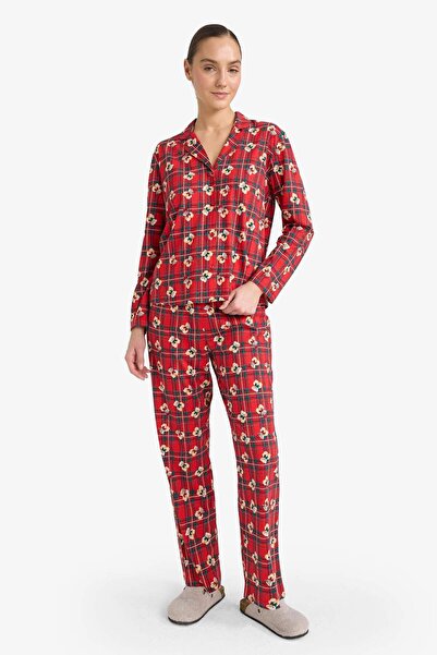 DeFacto Set de pijamale Regular Fit cu model ursuleț Top cu mâneci lungi în carouri Partea de jos lungă G7227AX25WN