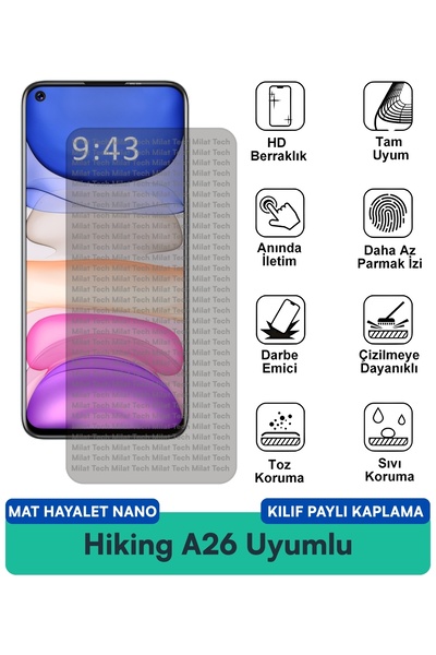 Milat Tech غطاء حماية شاشة متوافق مع هاتف Hiking A26 Mat Hayalet Nano مقاوم ل...