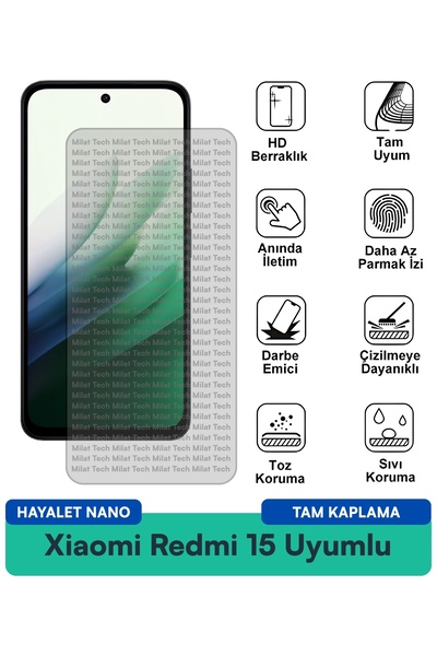 Milat Tech طبقة حماية شاشة Xiaomi Redmi 15 Hayalet Nano مقاومة للخدوش ولا تحت...