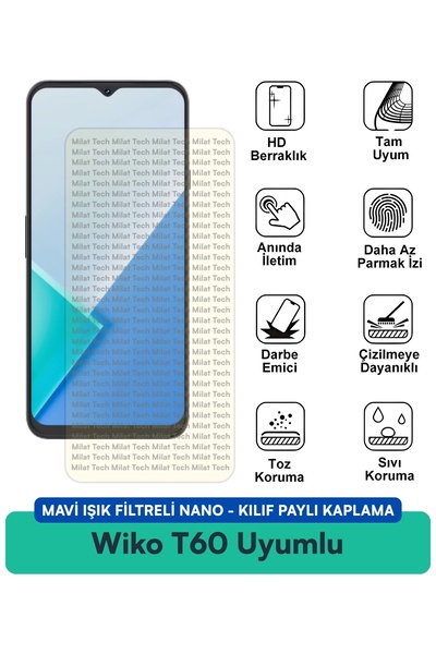 Milat Tech فلتر الضوء الأزرق من Wiko T60، غطاء نانو متوافق مع طبقة حماية الشا...