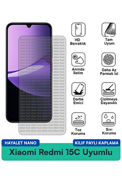 Milat Tech غطاء حماية شاشة متوافق مع هاتف Xiaomi Redmi 15C Hayalet Nano مقاوم...