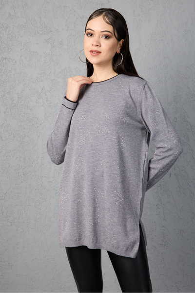 Clothes Fast Stone Detailed Crew Neck Knitwear Blouse - Contrast Piped and Side Slit
