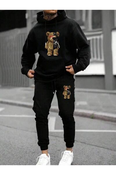 Marco Fresco Unisex Bear Printed Hooded Bottom-Top Set Tracksuit Set