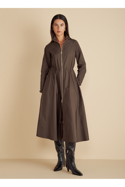 BROOKS BROTHERS Dik Yaka Düz Kahve Midi Kadın Elbise Önü Fermuarlı Beli Büzgü...