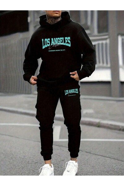 Arwen Fashion Arwen Men's Black Los Angeles Kangaroo Pocket Hooded Tracksuit Set