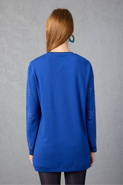 Clothes Fast Stone Detailed Crew Neck Knitwear Blouse - Contrast Piped and Side Slit