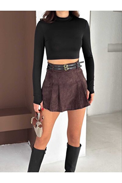 KEEP LOOK KADIN KAHVE FİTİLLİ KADİFE ŞORT ETEK
