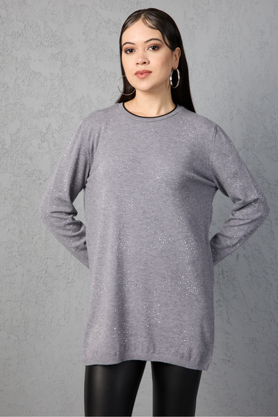 Clothes Fast Stone Detailed Crew Neck Knitwear Blouse - Contrast Piped and Side Slit