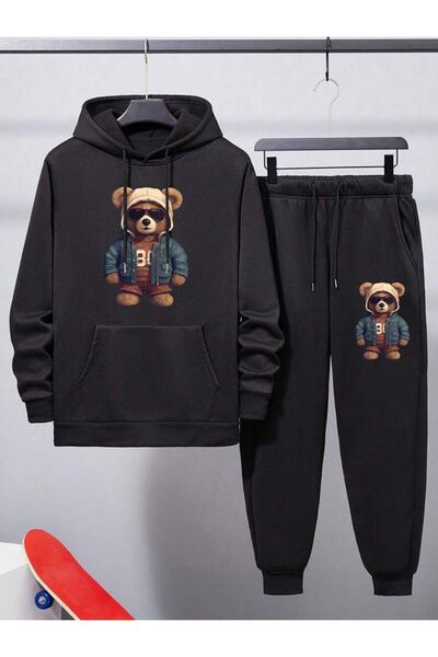 Marco Fresco Unisex Glasses Bear Printed Hooded Top and Bottom Set Tracksuit Set