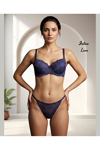 İntive Lingerie Nbb Navy Blue Pink Floral Pattern Strapless Push-Up Bra Thong Set