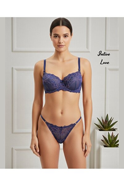 İntive Lingerie Nbb Navy Blue Pink Floral Pattern Strapless Push-Up Bra Thong Set