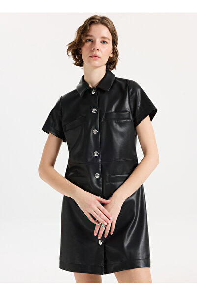 HUGO Gömlek Yaka Siyah Kısa Kadın Elbise 50542354