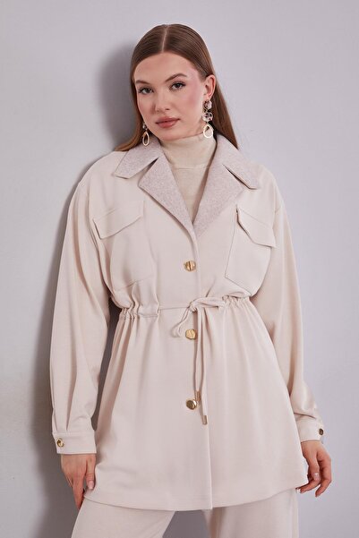 Levidor Cream Double-Breasted Fur Collar Double Suit