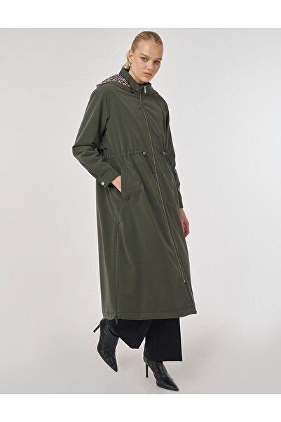 Kayra Zipper Detailed Faux Leather Anorak Coat Dark Khaki