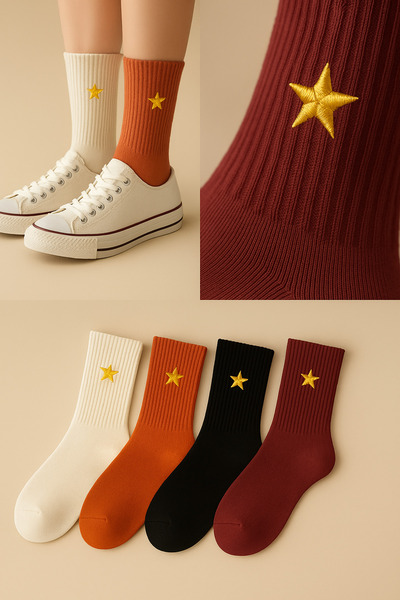 AYDK Комплект дамски чорапи с бродерия, 4 броя, цветни, за лято и зима