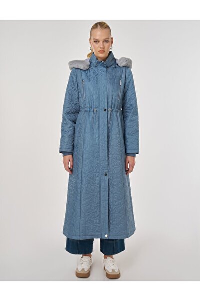 Kayra Fur Detailed Quilted Coat Dirty Blue