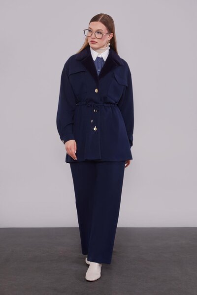 Levidor Navy blue Double-Breasted fur collar double set