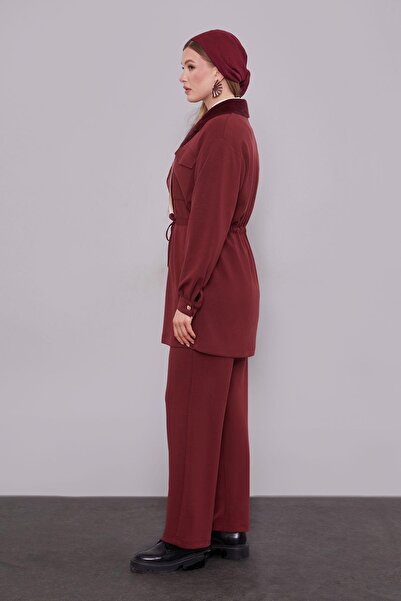 Levidor Claret Red Double-Breasted Fur Collar Double Suit