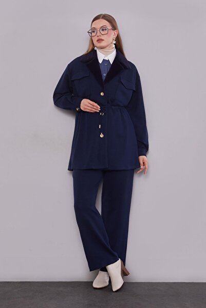 Levidor Navy blue Double-Breasted fur collar double set