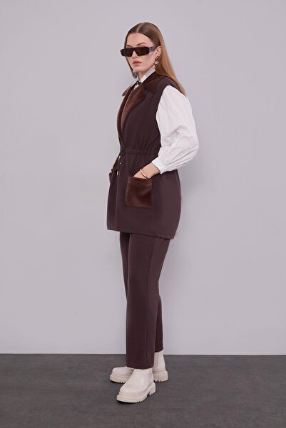 Levidor Coffee brown faux fur collar vest set