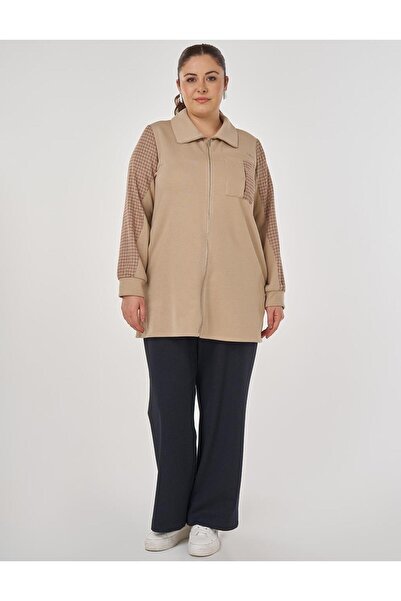 Kayra Καρό συνδυασμός υφασμάτων Φούτερ με τρεις κλωστές Μπεζ