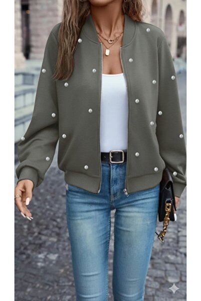 Kanonik Education Women's Long Sleeve Front Zipper Pearl Short Modal Jacket