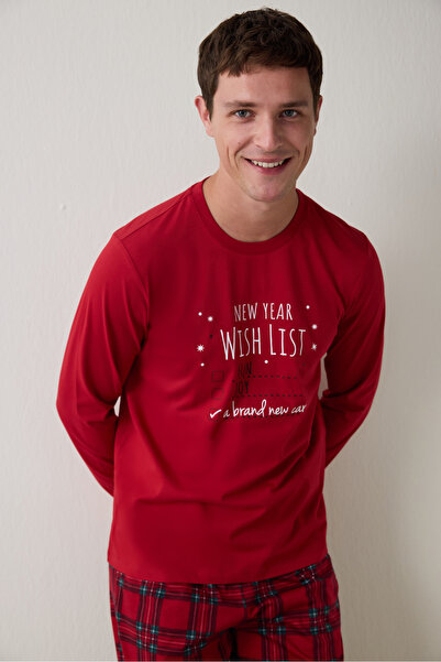 Penti Red Men's Checkered Crew Neck Oversized Pajama Set