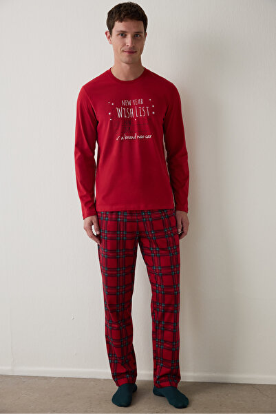 Penti Red Men's Checkered Crew Neck Oversized Pajama Set