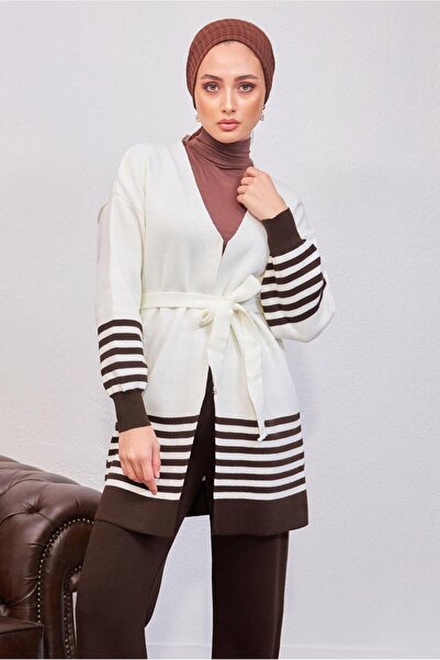 TRENDTESETTÜR Women's Brown Belted Knit Cardigan t 3708-1