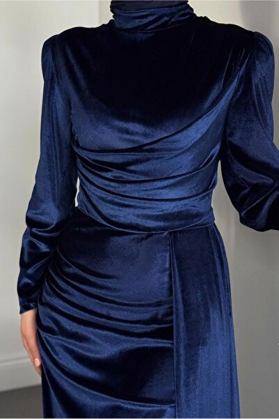 TRENDTESETTÜR Women's Navy Blue Velvet Evening Dress t 4288