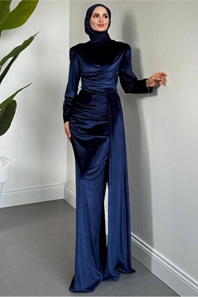 TRENDTESETTÜR Women's Navy Blue Velvet Evening Dress t 4288