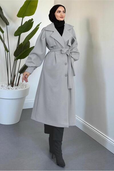 TRENDTESETTÜR Women's Gray Belted Cardigan Coat t 3526