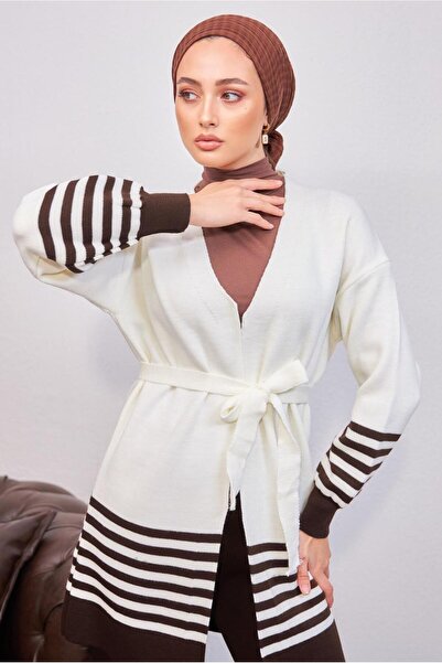 TRENDTESETTÜR Women's Brown Belted Knit Cardigan t 3708-1