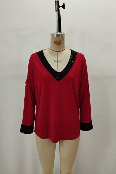 Mossta V Neck Off Shoulder Sandy Blouse - Red