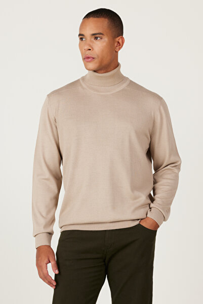 ALTINYILDIZ CLASSICS Μπεζ μάλλινο πουλόβερ με κανονική εφαρμογή και κορδόνι με ψηλό λαιμό