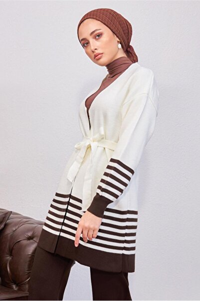 TRENDTESETTÜR Women's Brown Belted Knit Cardigan t 3708-1