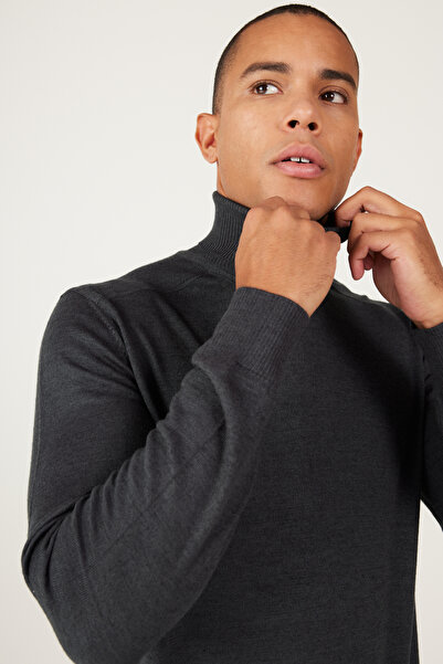 ALTINYILDIZ CLASSICS Anthracite-Melange Wool Standard Fit Regular Cut Full Turtleneck Knitwear Sweater