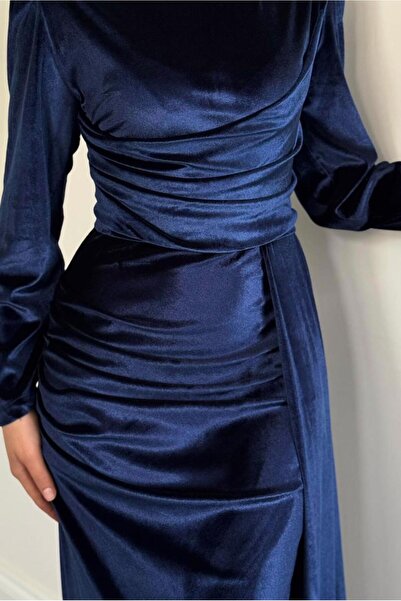 TRENDTESETTÜR Women's Navy Blue Velvet Evening Dress t 4288