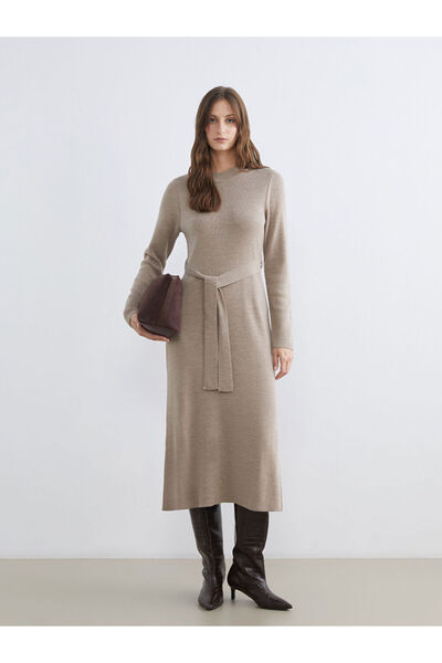 LC Waikiki Rochie de tricotat bej guler rotund cu centură în talie