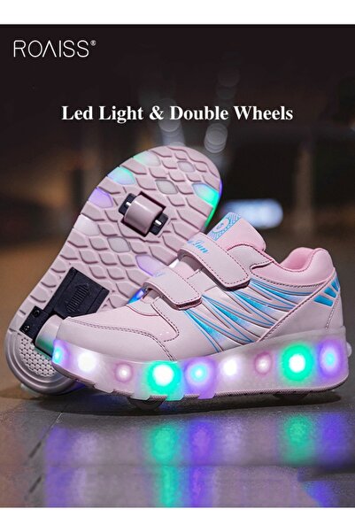 ROAISS Kids Double Wheel Roller Skates Shoes, LED Light up Adjustable Sneakers with Velcro, Cool Shiny Roll