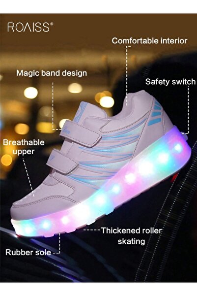 ROAISS Kids Double Wheel Roller Skates Shoes, LED Light up Adjustable Sneakers with Velcro, Cool Shiny Roll