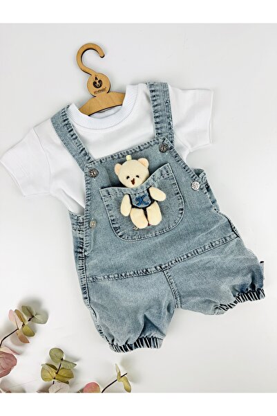 BEBERAZZİ Denim Salopet Jumpsuit with Teddy Bear on the Front and T-Shirt