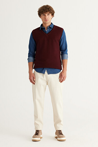AC&Co / Altınyıldız Classics Burgundy Standard Fit Regular Cut V-Neck Cotton Knitwear Sweater
